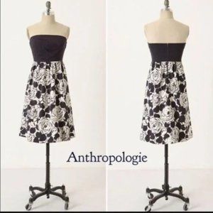 ANTHROPOLOGIE Deletta Navy White Floral Print Strapless Dress